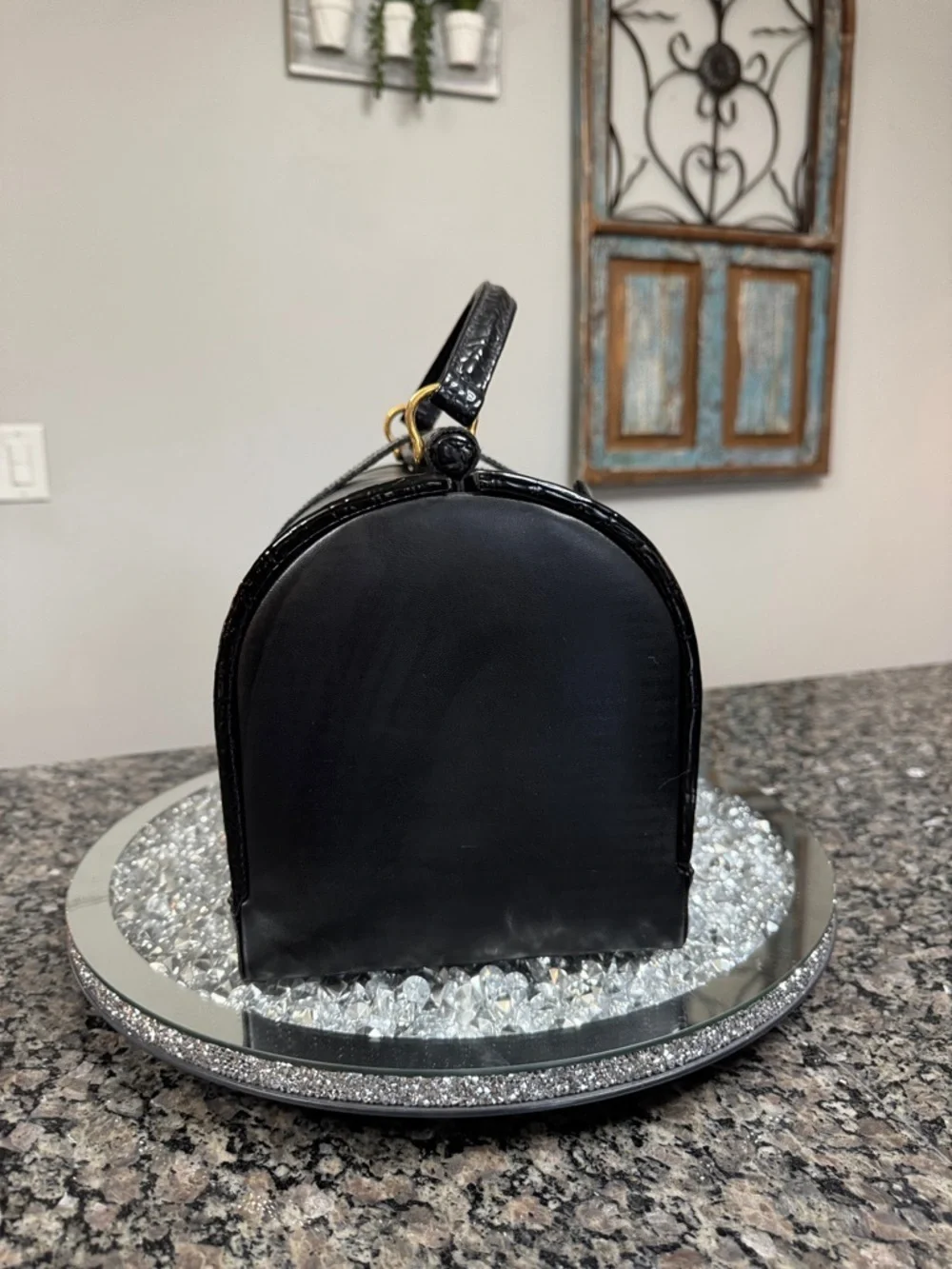 Black Structured Top-Handle Cosmetic Case with Gold Lock